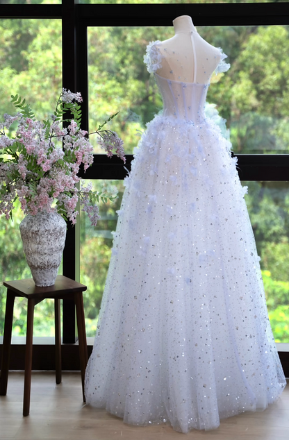 Dreamy Illusion Neck Blue Prom Dress Sequins Appliques A-Line Formal Dress GG7172