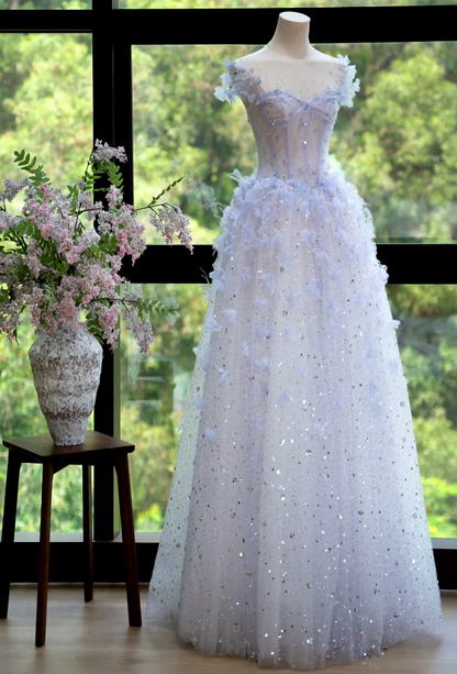 Dreamy Illusion Neck Blue Prom Dress Sequins Appliques A-Line Formal Dress GG7172