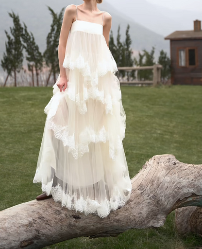 Unique Spaghetti Straps Prom Dress Lace Tiered A-Line Formal Dress GG7173
