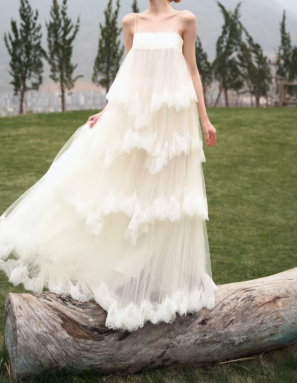 Unique Spaghetti Straps Prom Dress Lace Tiered A-Line Formal Dress GG7173