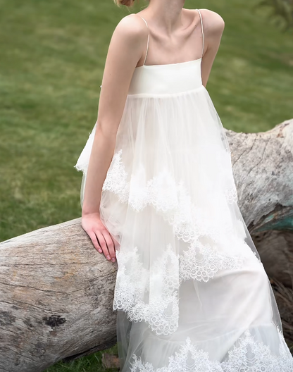 Unique Spaghetti Straps Prom Dress Lace Tiered A-Line Formal Dress GG7173
