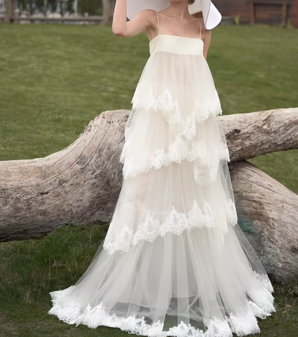 Unique Spaghetti Straps Prom Dress Lace Tiered A-Line Formal Dress GG7173