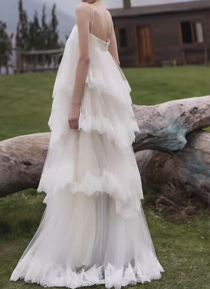 Unique Spaghetti Straps Prom Dress Lace Tiered A-Line Formal Dress GG7173