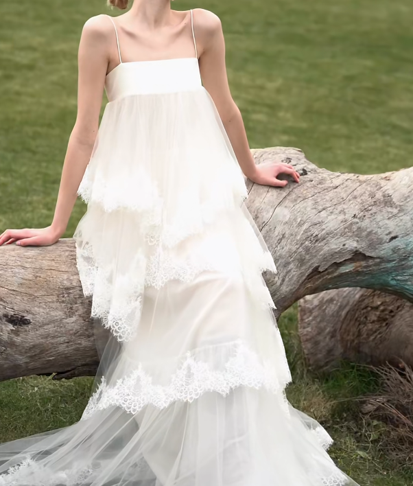 Unique Spaghetti Straps Prom Dress Lace Tiered A-Line Formal Dress GG7173