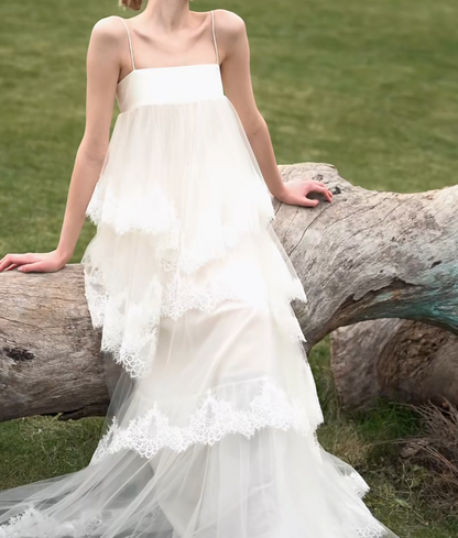 Unique Spaghetti Straps Prom Dress Lace Tiered A-Line Formal Dress GG7173