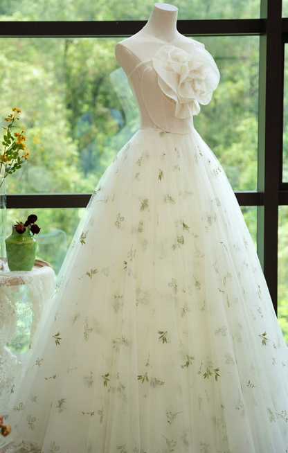 Attractive Strapless Green Prom Dress Handmade Flowers Tulle A-Line Formal Dress GG7176