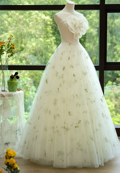 Attractive Strapless Green Prom Dress Handmade Flowers Tulle A-Line Formal Dress GG7176