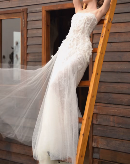 Romantic Strapless Wedding Dress Sequins Tulle A-Line Bridal Dress GG7180