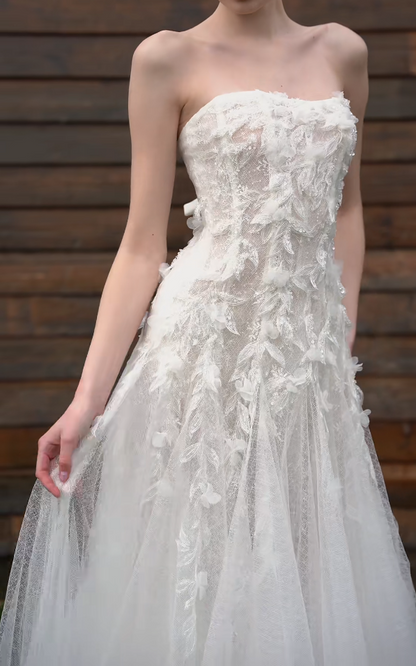 Romantic Strapless Wedding Dress Sequins Tulle A-Line Bridal Dress GG7180