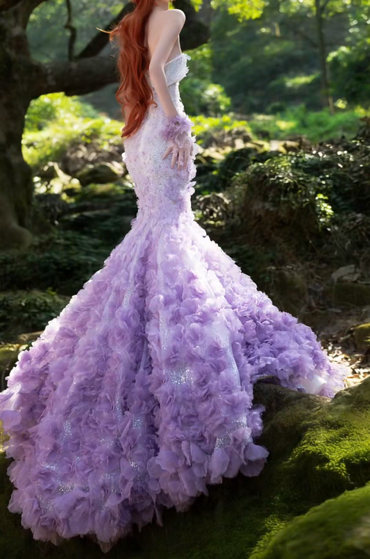 Romantic Strapless Purple Prom Dress Sequins Appliques Mermaid Formal Dress GG7182