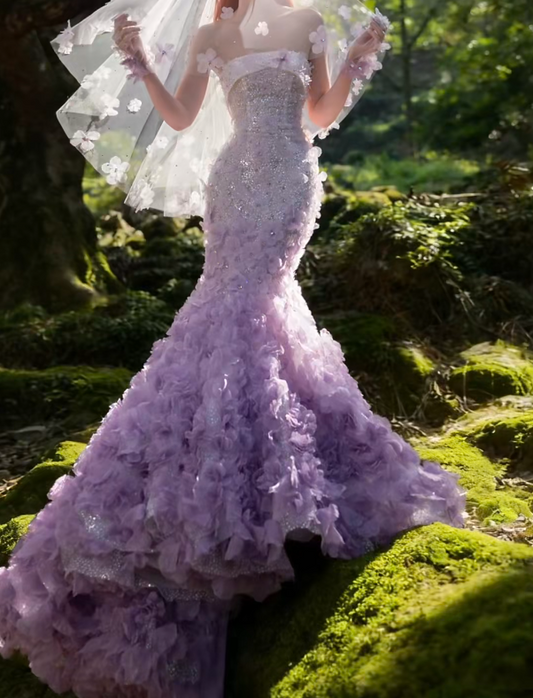 Romantic Strapless Purple Prom Dress Sequins Appliques Mermaid Formal Dress GG7182