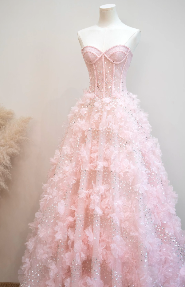 Lovely Strapless Pink Prom Dress Appliques Sequins A-Line Formal Dress GG7185