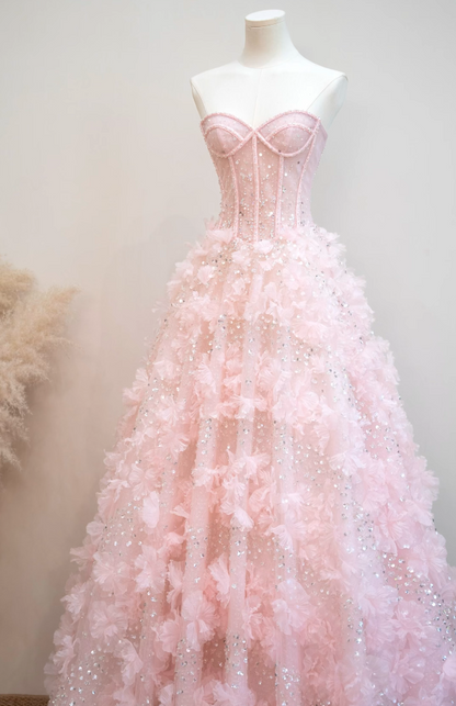 Lovely Strapless Pink Prom Dress Appliques Sequins A-Line Formal Dress GG7185