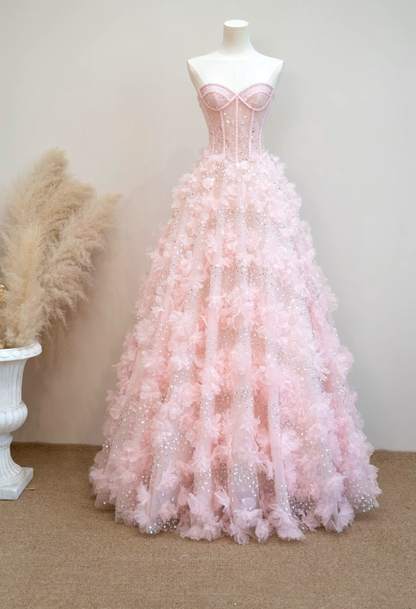 Lovely Strapless Pink Prom Dress Appliques Sequins A-Line Formal Dress GG7185