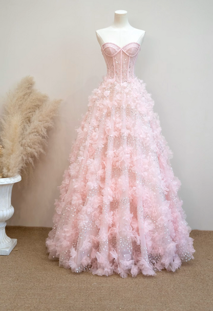 Lovely Strapless Pink Prom Dress Appliques Sequins A-Line Formal Dress GG7185