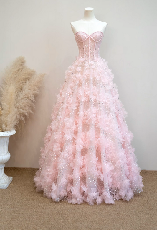 Lovely Strapless Pink Prom Dress Appliques Sequins A-Line Formal Dress GG7185