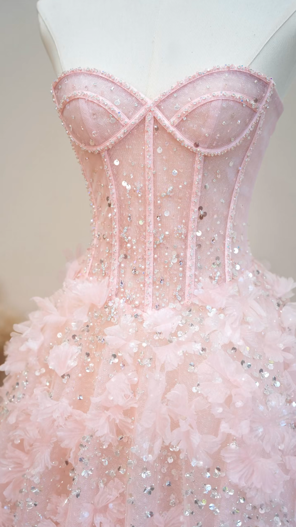 Lovely Strapless Pink Prom Dress Appliques Sequins A-Line Formal Dress GG7185
