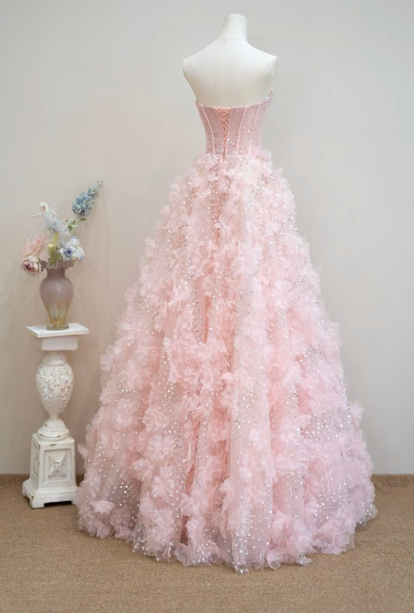 Lovely Strapless Pink Prom Dress Appliques Sequins A-Line Formal Dress GG7185