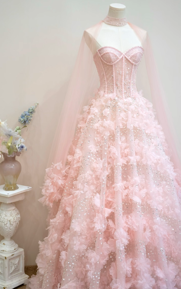 Lovely Strapless Pink Prom Dress Appliques Sequins A-Line Formal Dress GG7185