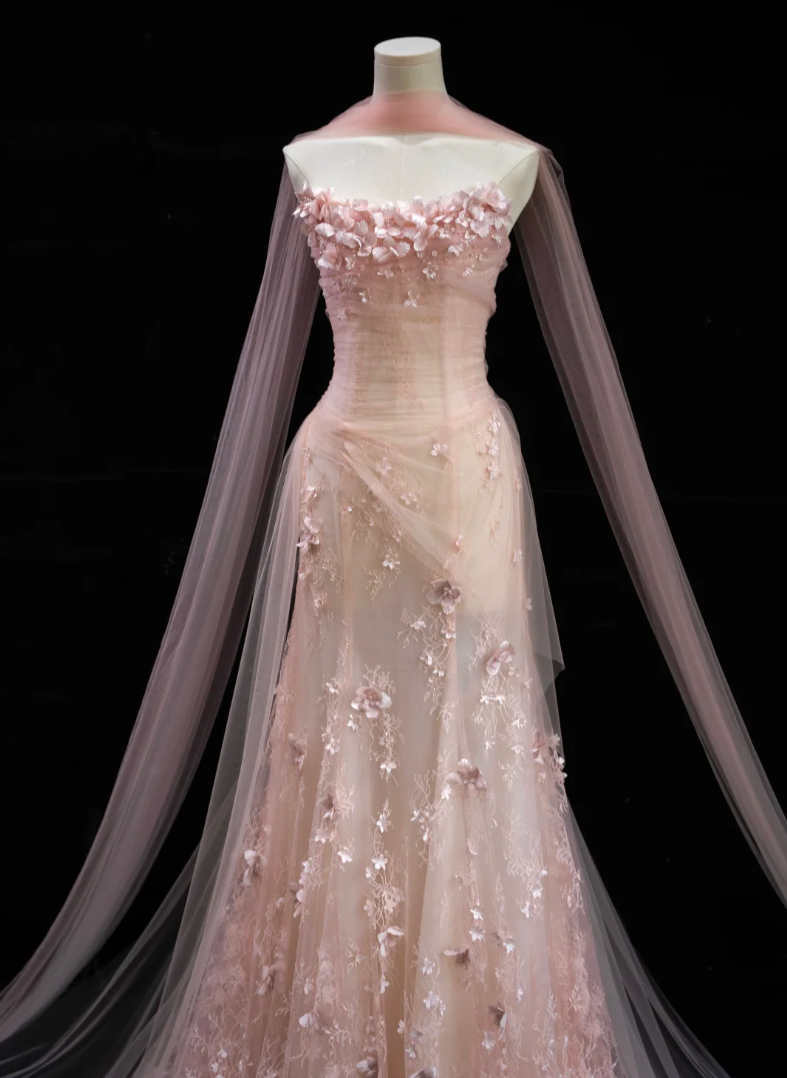 Adorable Strapless Pink Prom Dress With Scarf Appliques Sequins A-Line Formal Dress GG7186