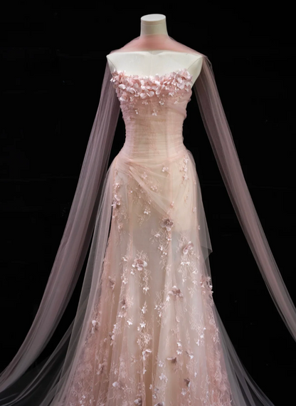 Adorable Strapless Pink Prom Dress With Scarf Appliques Sequins A-Line Formal Dress GG7186