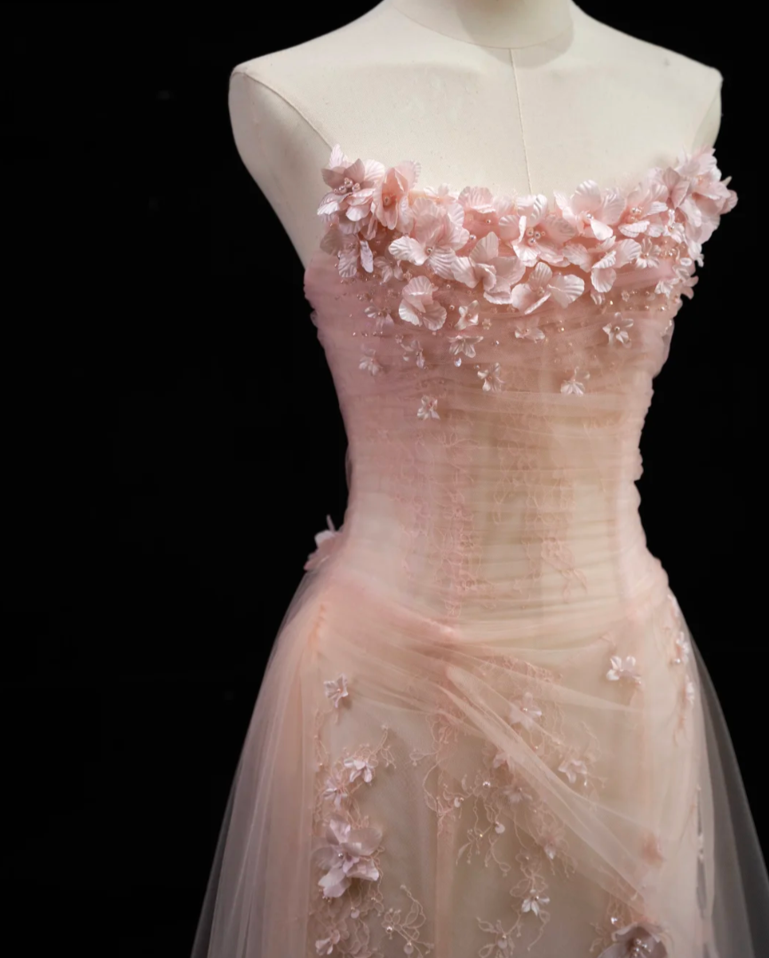 Adorable Strapless Pink Prom Dress With Scarf Appliques Sequins A-Line Formal Dress GG7186