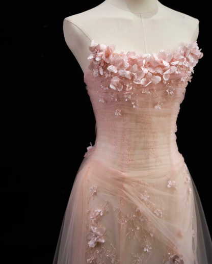 Adorable Strapless Pink Prom Dress With Scarf Appliques Sequins A-Line Formal Dress GG7186