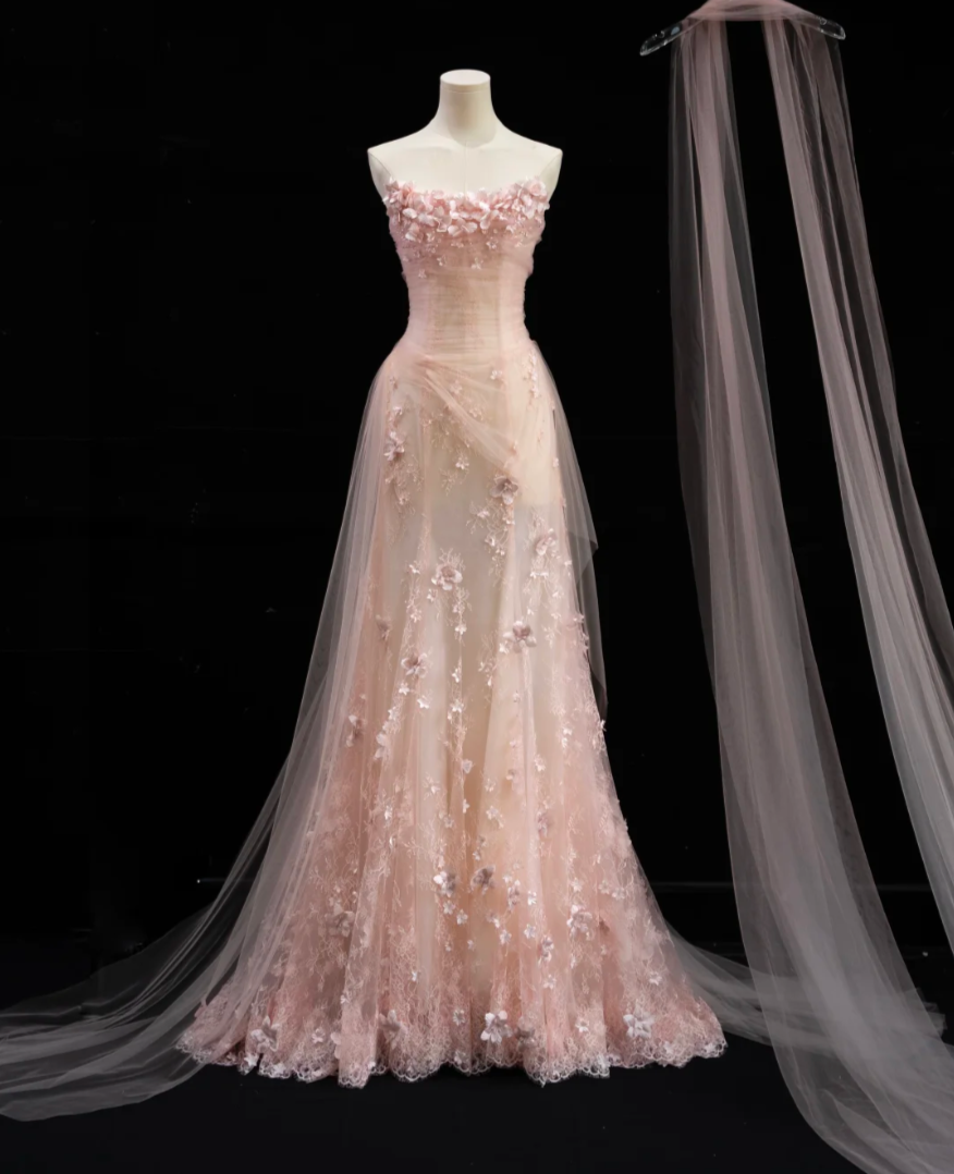 Adorable Strapless Pink Prom Dress With Scarf Appliques Sequins A-Line Formal Dress GG7186