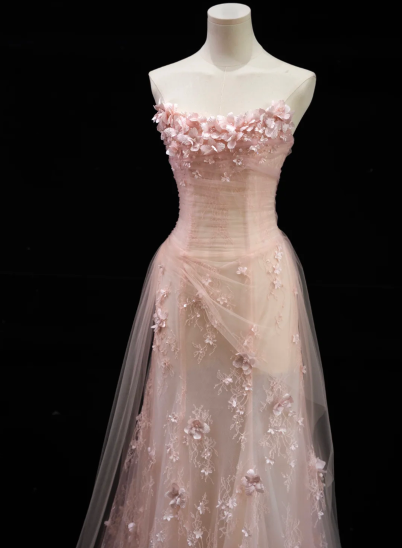 Adorable Strapless Pink Prom Dress With Scarf Appliques Sequins A-Line Formal Dress GG7186