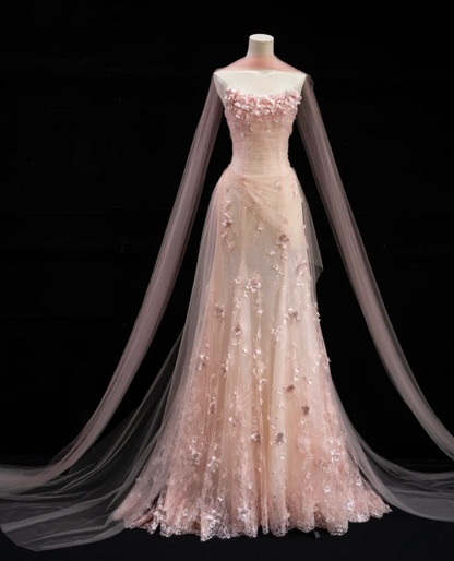 Adorable Strapless Pink Prom Dress With Scarf Appliques Sequins A-Line Formal Dress GG7186