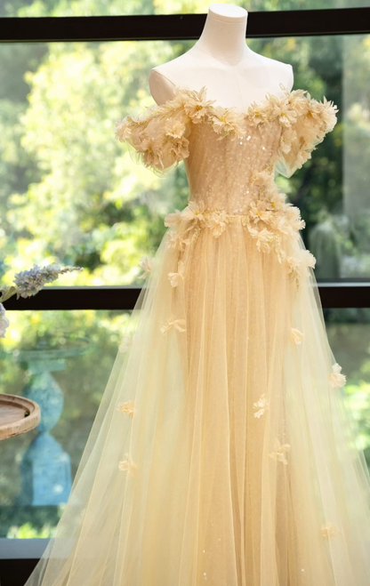 Playful Off-Shoulder Beige Prom Dress Appliques Sequins Tulle A-Line Formal Dress GG7187