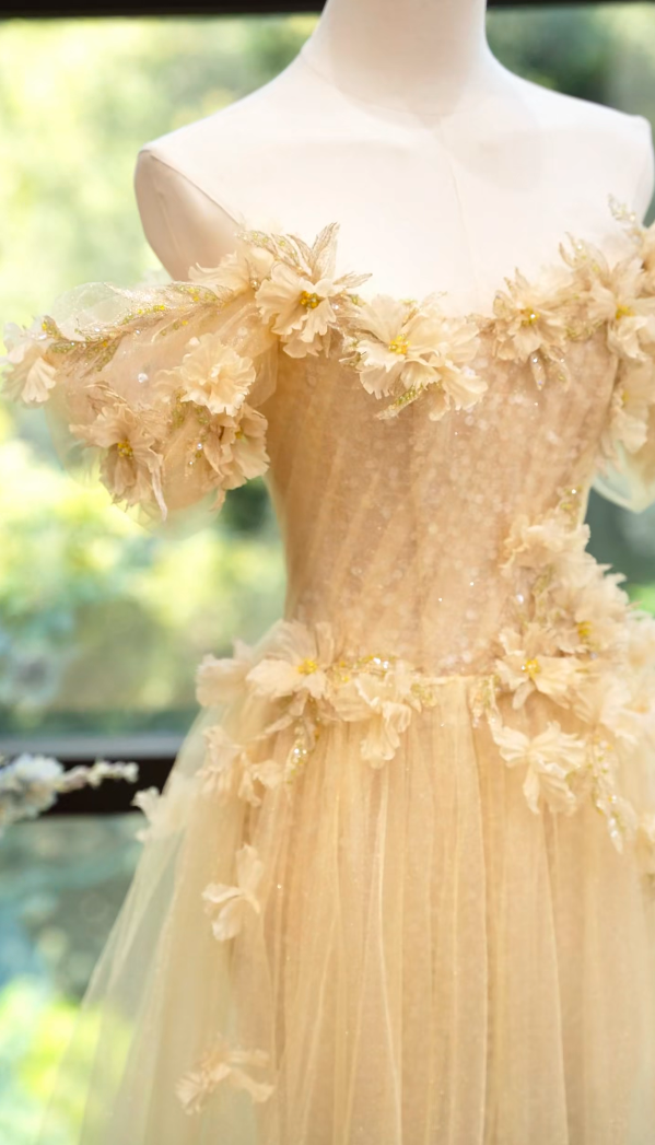Playful Off-Shoulder Beige Prom Dress Appliques Sequins Tulle A-Line Formal Dress GG7187