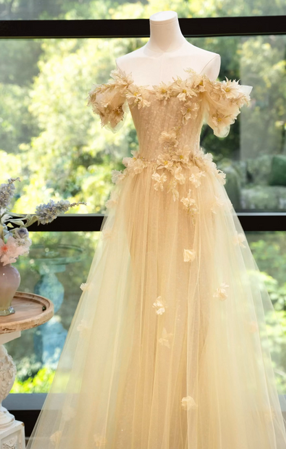 Playful Off-Shoulder Beige Prom Dress Appliques Sequins Tulle A-Line Formal Dress GG7187