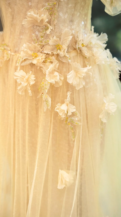 Playful Off-Shoulder Beige Prom Dress Appliques Sequins Tulle A-Line Formal Dress GG7187