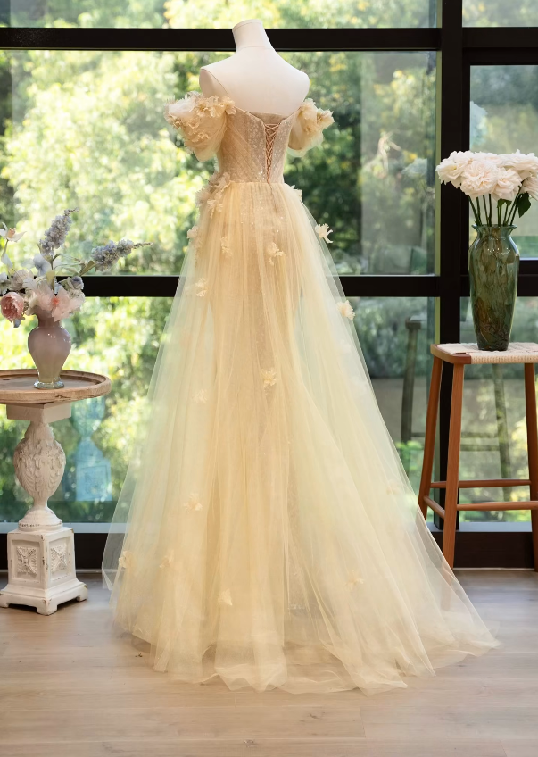 Playful Off-Shoulder Beige Prom Dress Appliques Sequins Tulle A-Line Formal Dress GG7187