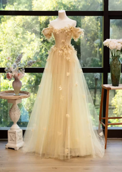 Playful Off-Shoulder Beige Prom Dress Appliques Sequins Tulle A-Line Formal Dress GG7187