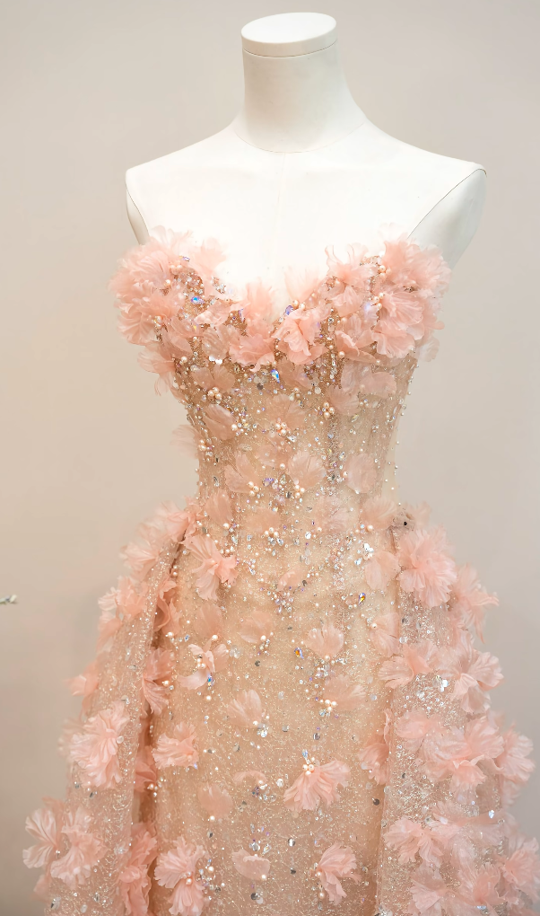 Glam Sweetheart Neck Pink Prom Dress Appliques Sequins Tulle A-Line Formal Dress GG7188