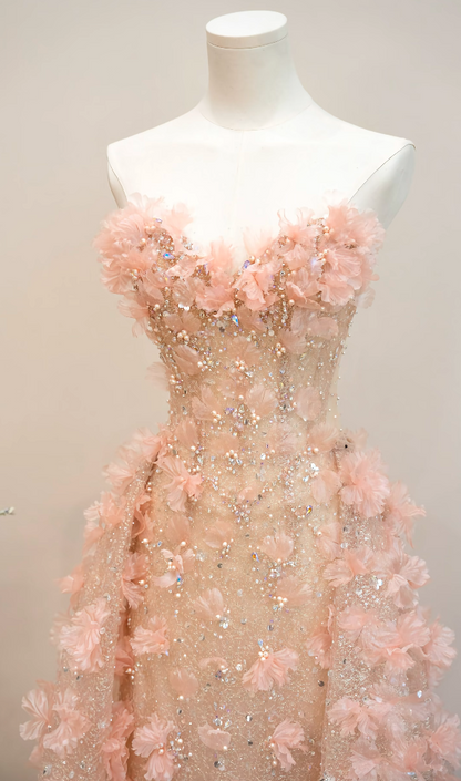 Glam Sweetheart Neck Pink Prom Dress Appliques Sequins Tulle A-Line Formal Dress GG7188