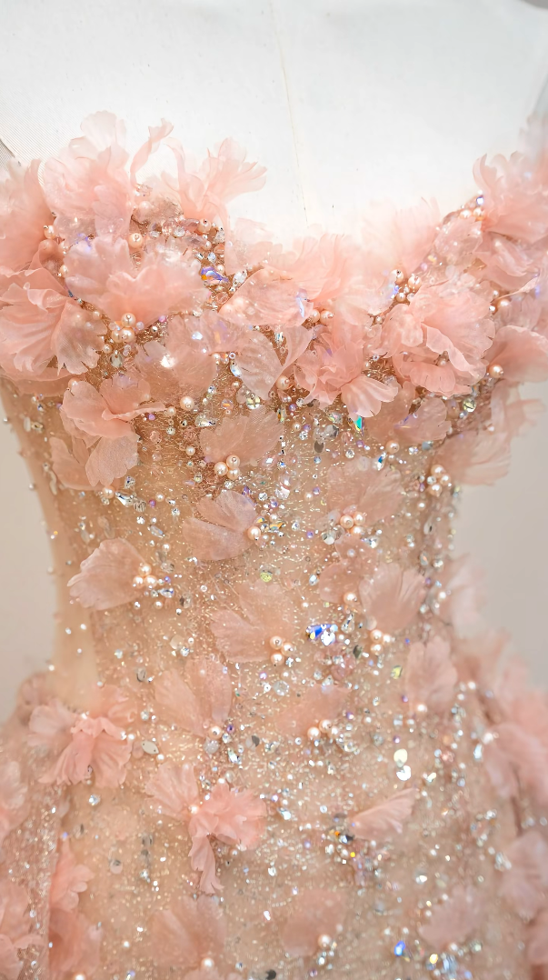 Glam Sweetheart Neck Pink Prom Dress Appliques Sequins Tulle A-Line Formal Dress GG7188