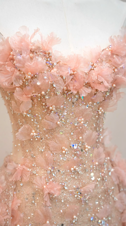 Glam Sweetheart Neck Pink Prom Dress Appliques Sequins Tulle A-Line Formal Dress GG7188