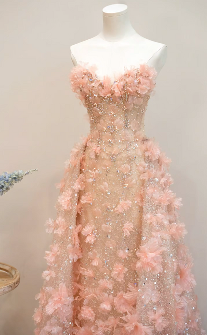 Glam Sweetheart Neck Pink Prom Dress Appliques Sequins Tulle A-Line Formal Dress GG7188