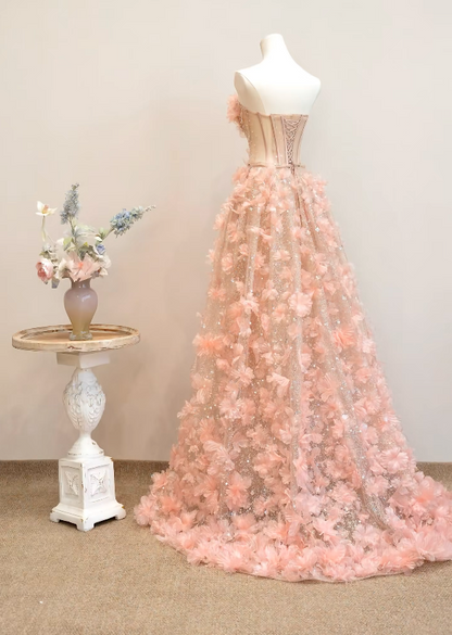 Glam Sweetheart Neck Pink Prom Dress Appliques Sequins Tulle A-Line Formal Dress GG7188