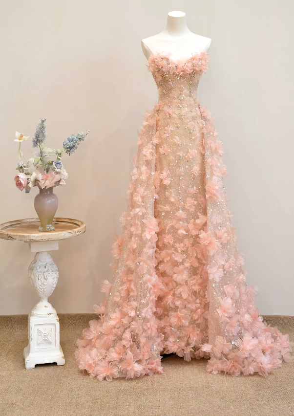 Glam Sweetheart Neck Pink Prom Dress Appliques Sequins Tulle A-Line Formal Dress GG7188