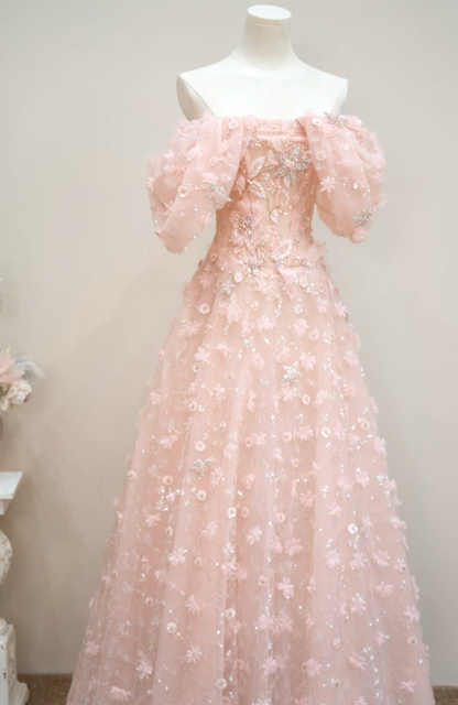 Ornate Off-Shoulder Pink Prom Dress Appliques Sequins Tulle A-Line Formal Dress GG7189