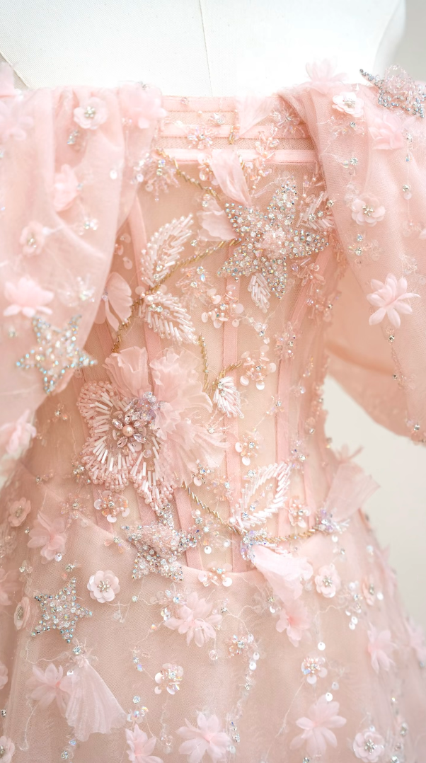 Ornate Off-Shoulder Pink Prom Dress Appliques Sequins Tulle A-Line Formal Dress GG7189