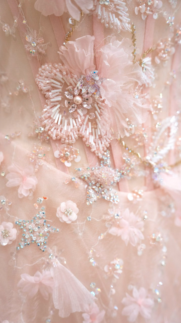 Ornate Off-Shoulder Pink Prom Dress Appliques Sequins Tulle A-Line Formal Dress GG7189