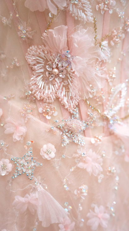 Ornate Off-Shoulder Pink Prom Dress Appliques Sequins Tulle A-Line Formal Dress GG7189