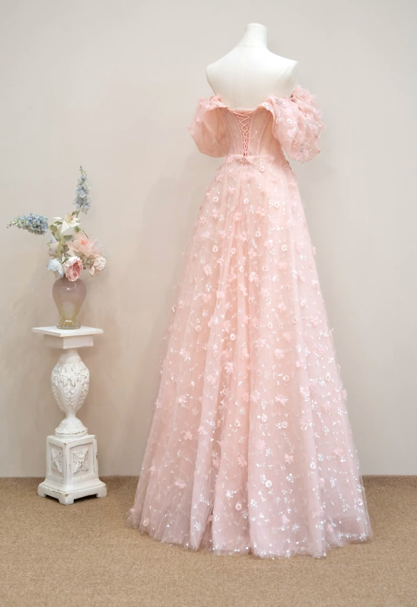 Ornate Off-Shoulder Pink Prom Dress Appliques Sequins Tulle A-Line Formal Dress GG7189
