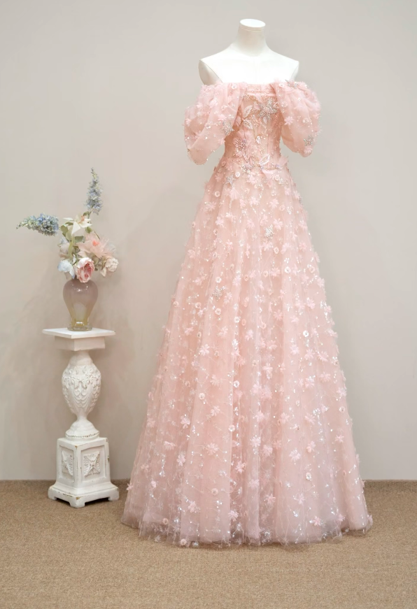 Ornate Off-Shoulder Pink Prom Dress Appliques Sequins Tulle A-Line Formal Dress GG7189