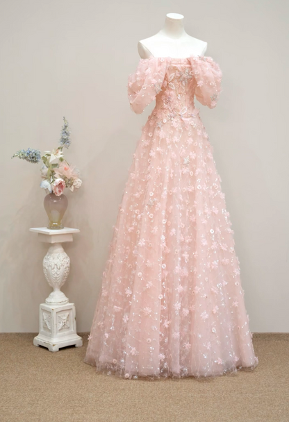 Ornate Off-Shoulder Pink Prom Dress Appliques Sequins Tulle A-Line Formal Dress GG7189